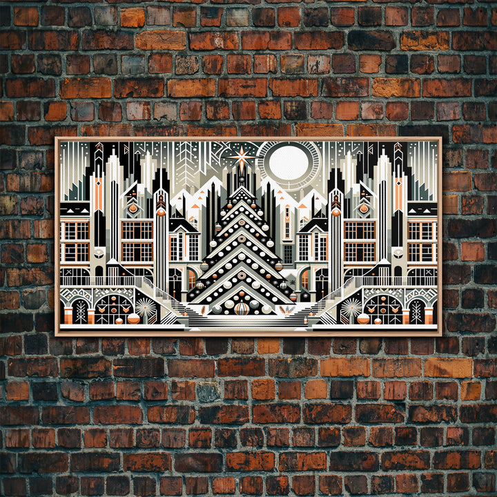 Art Deco Pattern Christmas Village - Framed Canvas Print - Retro Xmas Art - Christmas Decor - Christmas Wall Art - Christmas Art - Art Deco