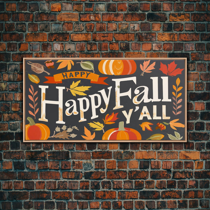 Happy Fall Y'all Typography Wall Art - Framed Canvas Print - Rustic Fall Sign - Thanksgiving Sign - Minimalist Farmhouse Primitive Art