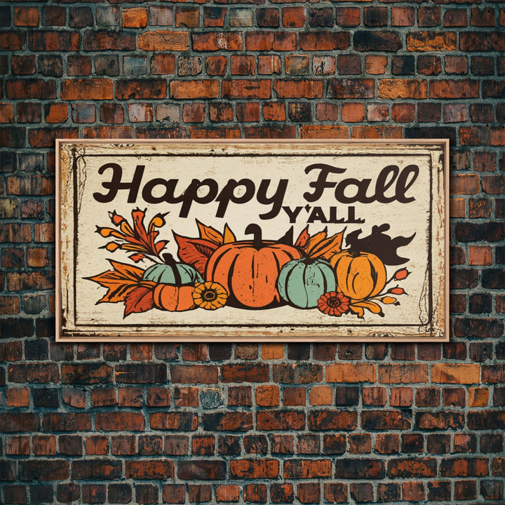 Happy Fall Y'all Typography Art, Rustic Farmhouse Decor, Framed Canvas Print, Canvas Sign, Fall Sign, Thanksgiving Sign Primitive Wall Art