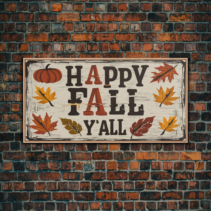 Happy Fall Y'all Typography Art, Modern Farmhouse Wall Decor, Dining Room Wall Sign Kitchen Decor Large Framed Canvas Print, Fall Wall Art