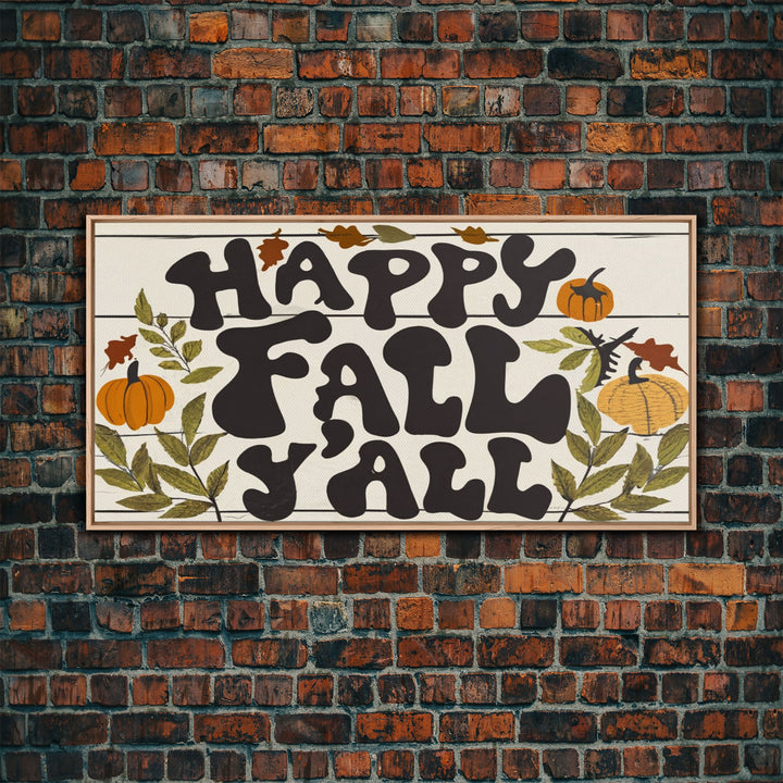 Happy Fall Y'all Typography Art, Modern Farmhouse Wall Decor, Dining Room Wall Sign Kitchen Decor Large Framed Canvas Print, Fall Wall Art