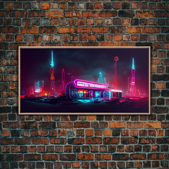 Neon Cyberpunk Diner, Retrofuturism, Framed Ready To Hang Canvas Print, beautiful wall art, guest room decor