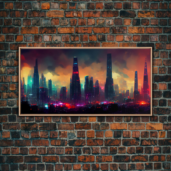 Dystopian Cyberpunk City, ready to hang canvas print wall art, framed canvas wall art, mancave wall art, Cyberpunk Art