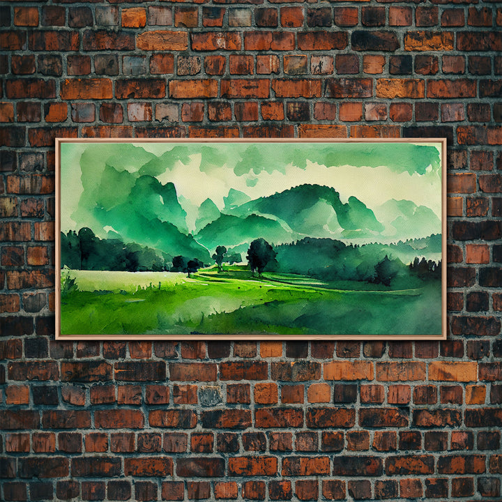 Emerald Green Watercolor Landscape Abstract, ready to hang canvas print wall art, framed canvas wall art