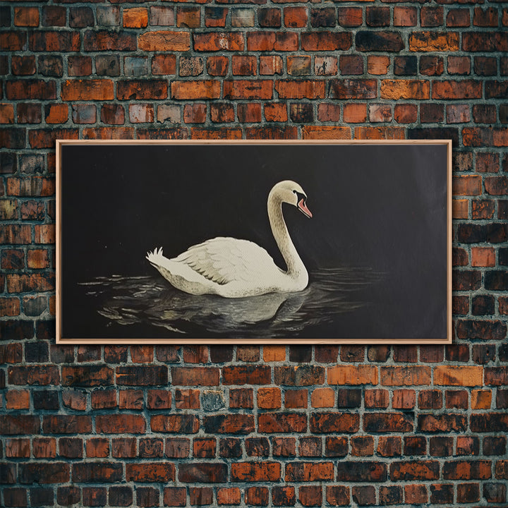 White Swan On A Black Lake, Victorian Style Vintage Art, Framed Canvas Print, Antique Art Reproduction, Traditional Wall Art