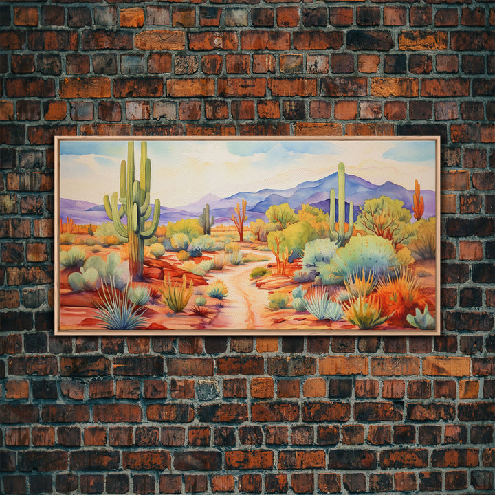 Southwestern Desert Landscape Print, Floral Print, Framed Canvas Art, Vibrant Cactus Desert Art, Mid-Century Modern, Pastel Desert Art