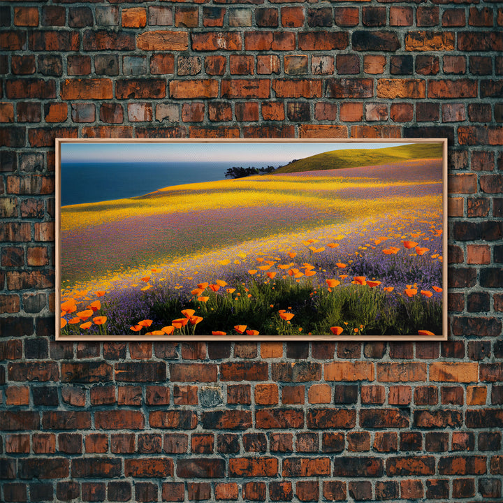 Lush Fields with Orange, Purple and Yellow Flowers, Vintage Italian Countryside, ready to hang canvas print wall art