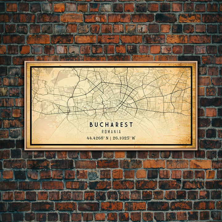 Vintage Style Bucharest City Map Wall Art Canvas Print, Distressed Bucharest Map, Framed Wall Art, Cool RomaniaTravel Wall Art, Office Art