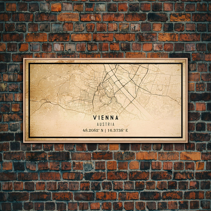 Vintage Vienna City Map Wall Art Canvas Print, Distressed Style Vienna Austria Map, Framed Wall Art, Cool Vienna Travel Wall Art, Office Art