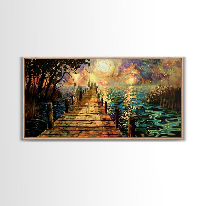 Starry Night Inspired Haunted Ghostly Docks At Night, Framed Canvas Print, Halloween Decor