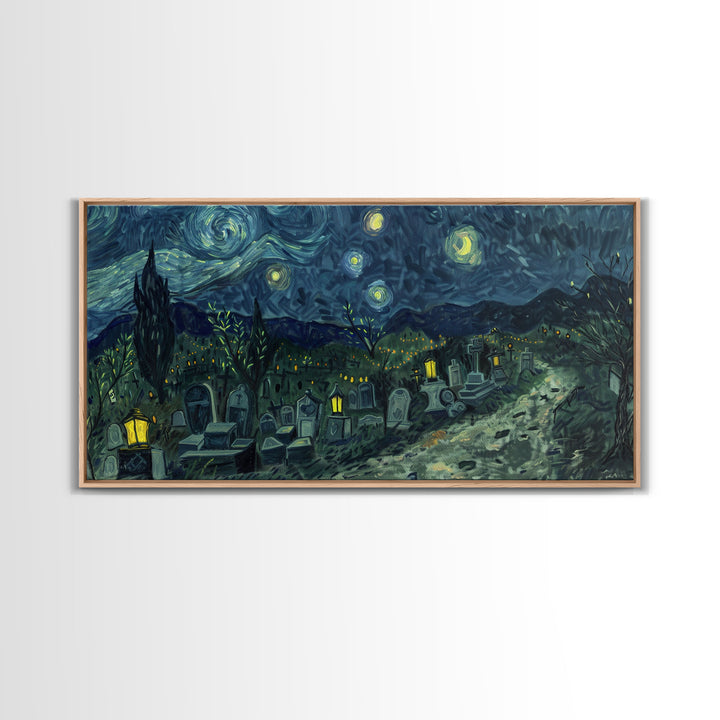 Starry Night Inspired Haunted Cemetery, Framed Canvas Print, Spooky Season Gift Idea, Halloween Decor, Halloween Prop