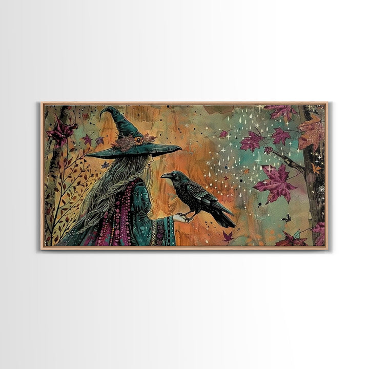 The Witch and The Raven Familiar, Framed Canvas Print, Halloween Gift, Halloween Props, Halloween Wall Art