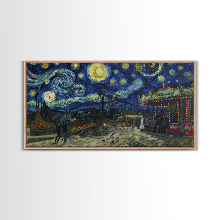 Spooky Haunted Carnival, Framed Canvas Print, Starry Night Inspired Spooky Season Wall Art, Halloween Prop