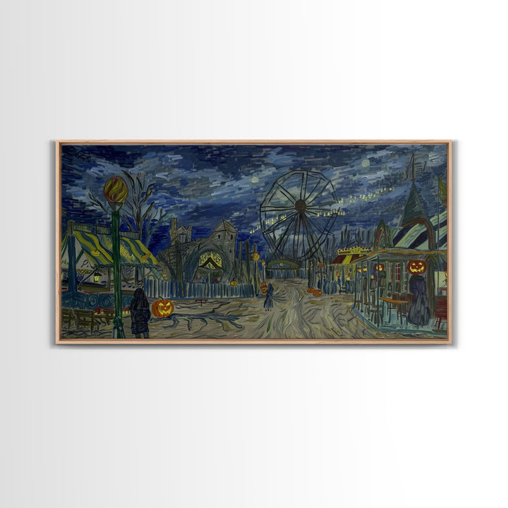 Spooky Haunted Carnival, Framed Canvas Print, Starry Night Inspired Spooky Season Wall Art, Halloween Prop