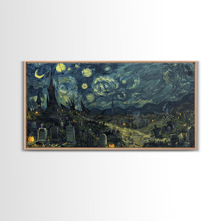 Starry Night Inspired Haunted Cemetery Framed Canvas Print, Halloween Wall Decor, Art Prints, Creepy Art