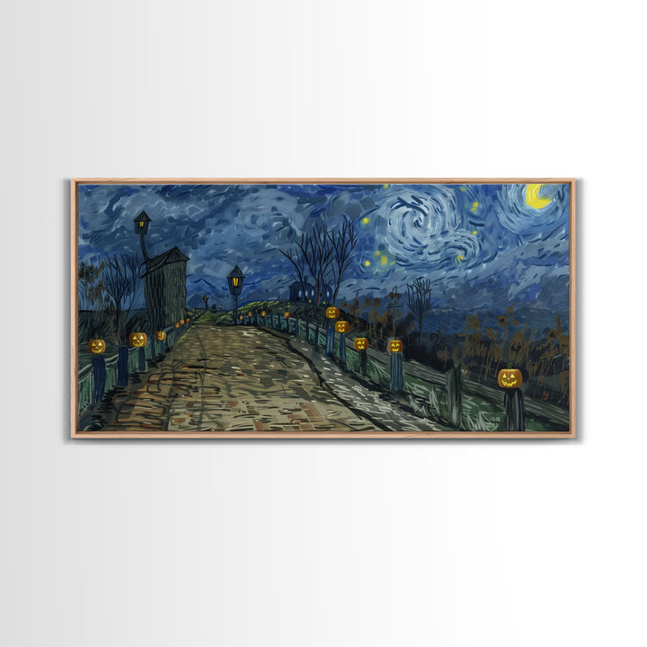 The Haunted Bridge, Framed Canvas Print, Spooky Home Decor, Starry Night Inspired