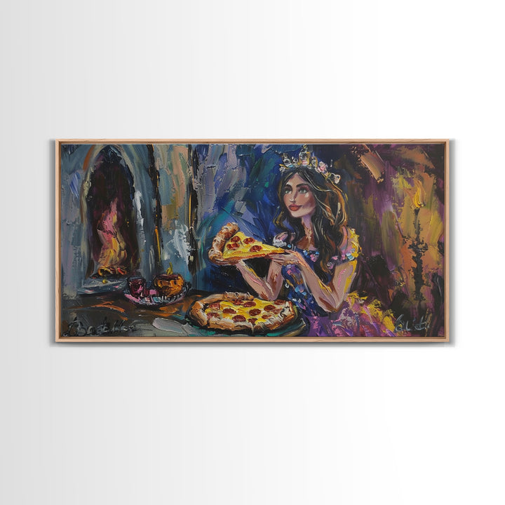 The Princess and the Pizza, Framed Canvas Print, Funny Decor, Funny Art