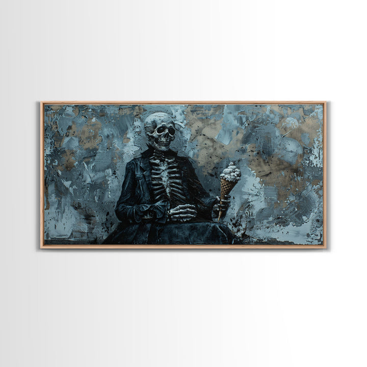 Skeleton Having an Ice Cream Cone, Macabre Wall Art, Framed Canvas Print, Spooky Halloween Art