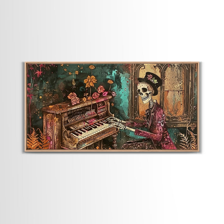 Skeleton Playing The Piano, Framed Canvas Print, Halloween Decor, Spooky Month Home Decor