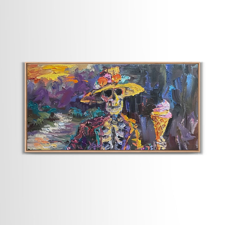 Skeleton In A Flower Hat Having an Ice Cream, Framed Canvas Print, funny Halloween Wall Art