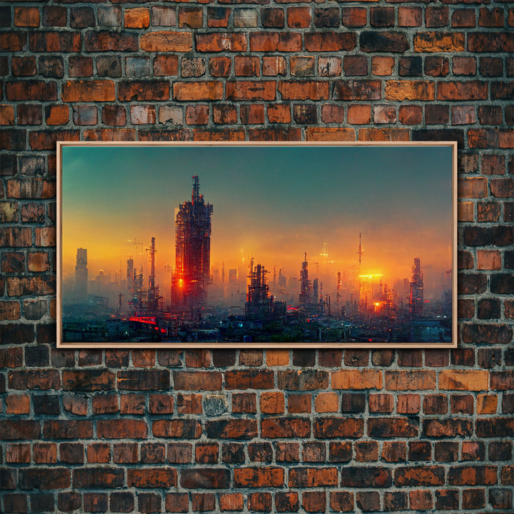 Cyberpunk city canvas art, video game concept art, living room wall art, dystopian art, outrun style city at sunset, man cave wall art