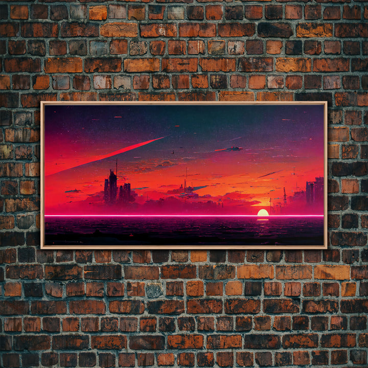 Cyberpunk lake art, city canvas, video game concept art, living room wall art, dystopian art, outrun city at sunset, man cave canvas print