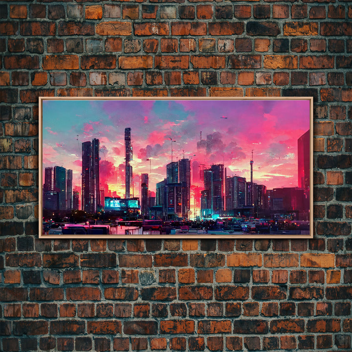 Cyber punk city skyline canvas print, outrun sunset, synthwave, vapor wave, dystopian city at sun set, mancave wall art, video game concept