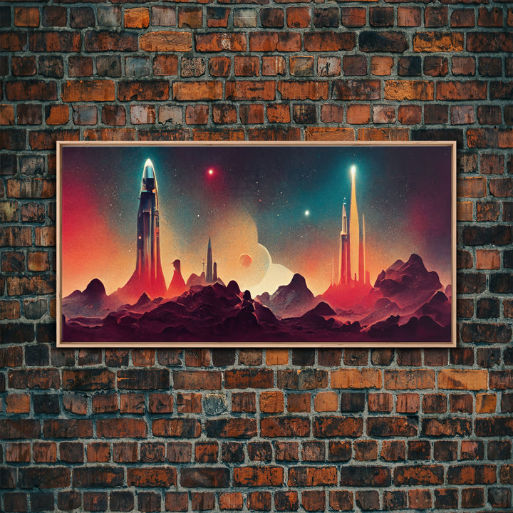 Art deco style space canvas print, space ship art, space art, outrun style, sci-fi themed art print, science fiction, space exploration