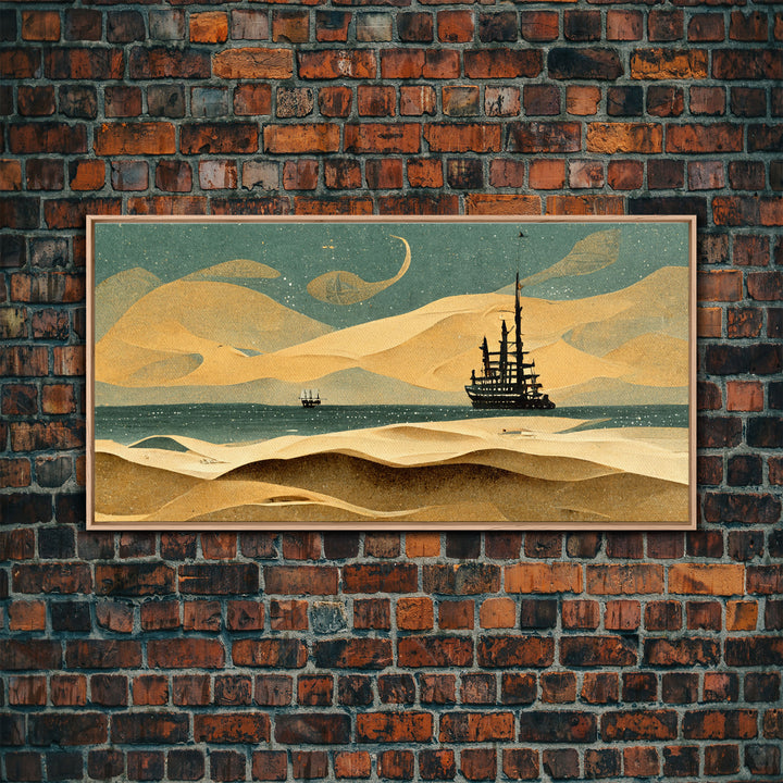 Art deco canvas print, pirate ship at sea beyond the sand dunes, living room wall art