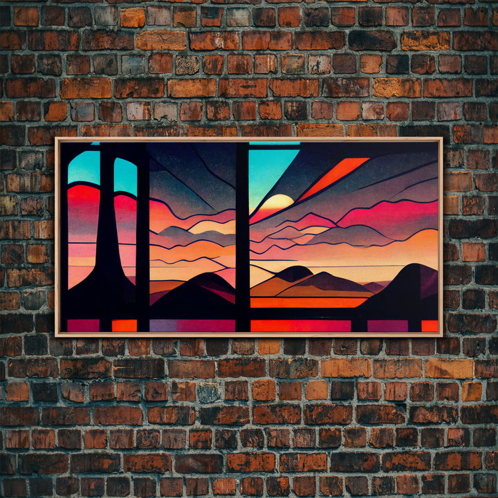 Pueblo style art deco sunset canvas print, outrun, colorful art, desert art, living room wall art, stained glass look, Arizona style art