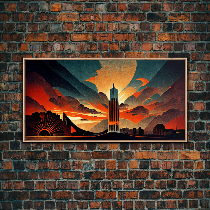 Dystopian metropolis canvas print, ready to hang wall art, art deco sunset, 1930s architecture, living room art, art nouveau