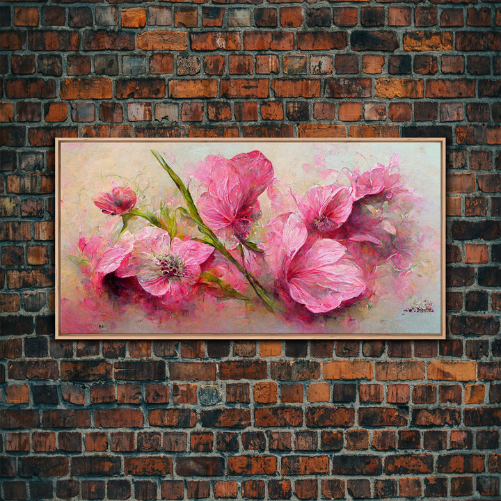 Pink flowers canvas print, oil painting style, living room wall art, guest room art, boho wall decor, floral pattern wall art