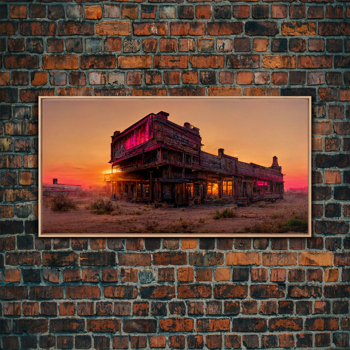 Abandoned wild west saloon at sunset canvas print, travel photography art, outrun sunset ready to hang wall art