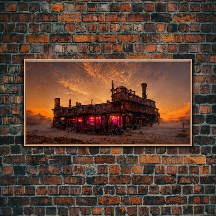 Dystopian steampunk wild west mashup, abandoned wild west saloon art, canvas print, ready to hang wall art