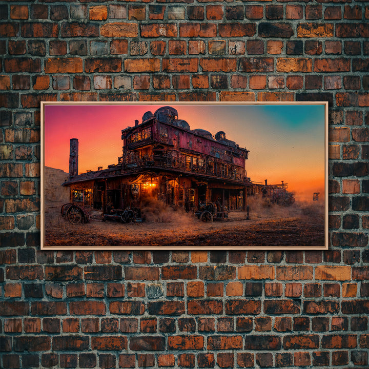 Synthwave Retro Wll Art, Dystopian steampunk wild west mashup, abandoned wild west saloon art, canvas print, ready to hang wall art