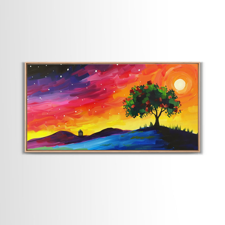 Vibrant Tree Under Starry Sky, Framed Canvas Print, Perfect for Living Room Art, Modern Home Decor, Colorful Bedroom Wall Art