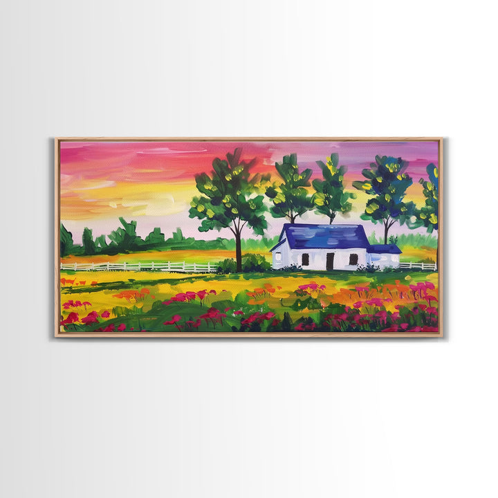 Vibrant Farmhouse Scene with Trees and Flowers, Perfect Living Room Art, Framed Canvas Print, Rustic Home Decoration, Minimalist Decor