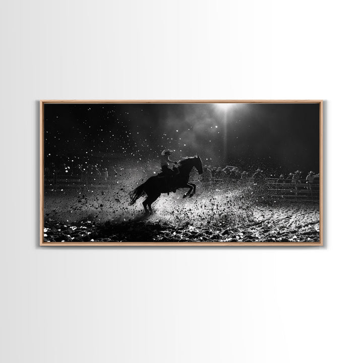 Action-Packed Rodeo Night Scene with Cowboy and Horse, Ideal for Framed Canvas Print, Living Room Wall Art, Perfect Bedroom Decor