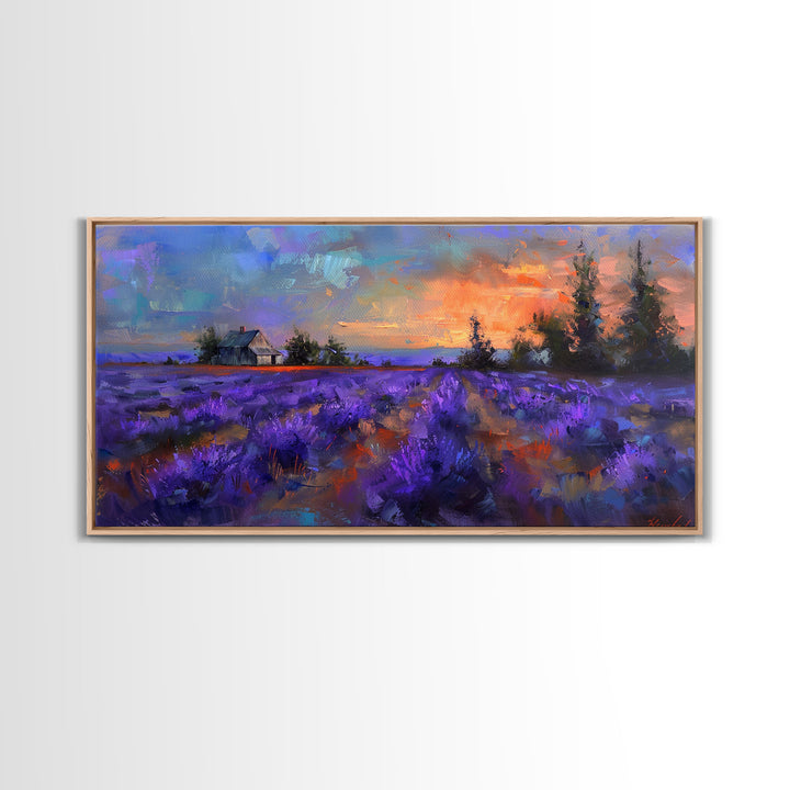 Sunset Over Lavender Field, Romantic Landscape Art, Framed Canvas Print, Cottagecore Decor, Purple Wall Art, Farmhouse Style