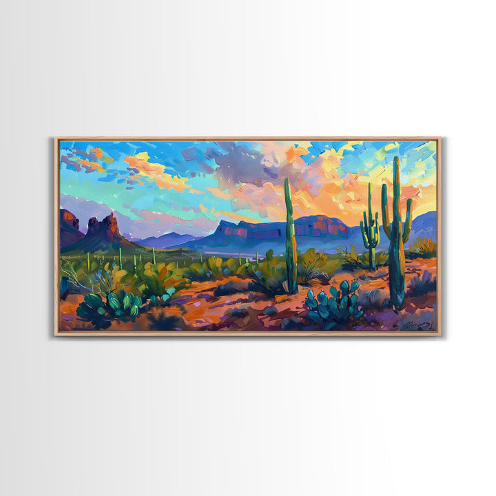 Desert Sunset with Cacti and Mountains, Abstract Southwestern Art, Framed Canvas Print, Rustic Boho Wall Decor, Living Room Art