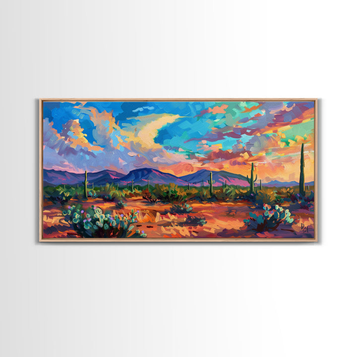 Vibrant Desert Sunset Landscape with Cacti, Framed Canvas Print for Living Room Art, Perfect for Boho and Southwestern Decor