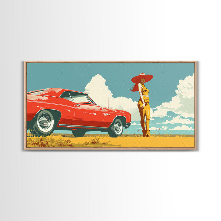 Vintage Cowgirl and Classic Red Car in Pop Art Style, Framed Canvas Print for Bedroom Decor, Perfect Living Room Wall Art