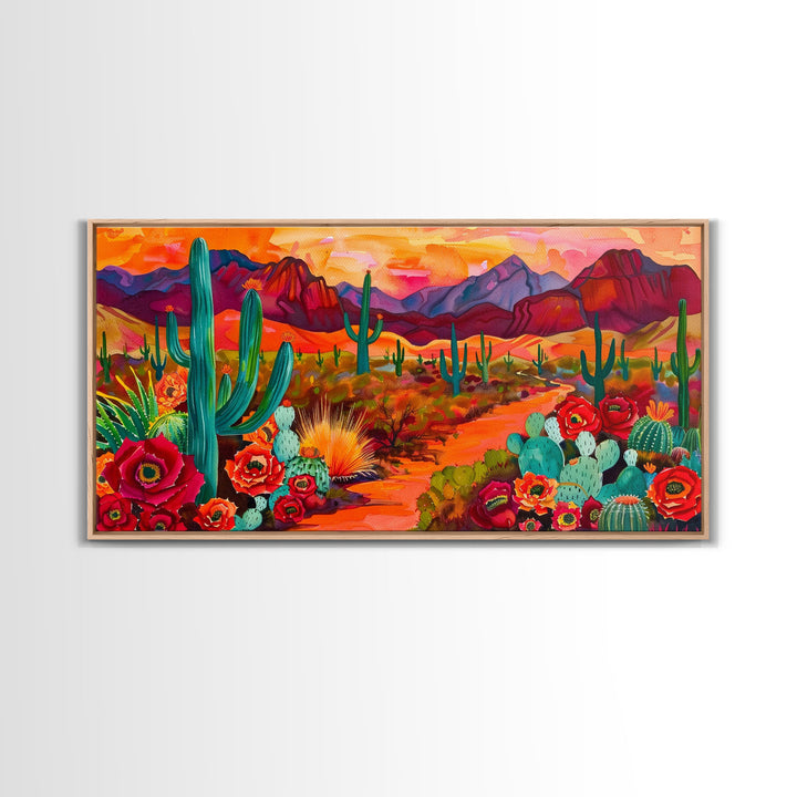 Vibrant desert scene with cacti and blooming flowers, Framed Canvas Print for boho living room, southwestern home decor art