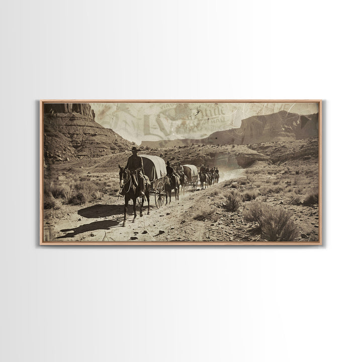 Western Wagon Trail through Desert Canyon, Framed Canvas Print for Farmhouse Living Room Wall Art, Vintage Home Decor, Rustic Scene