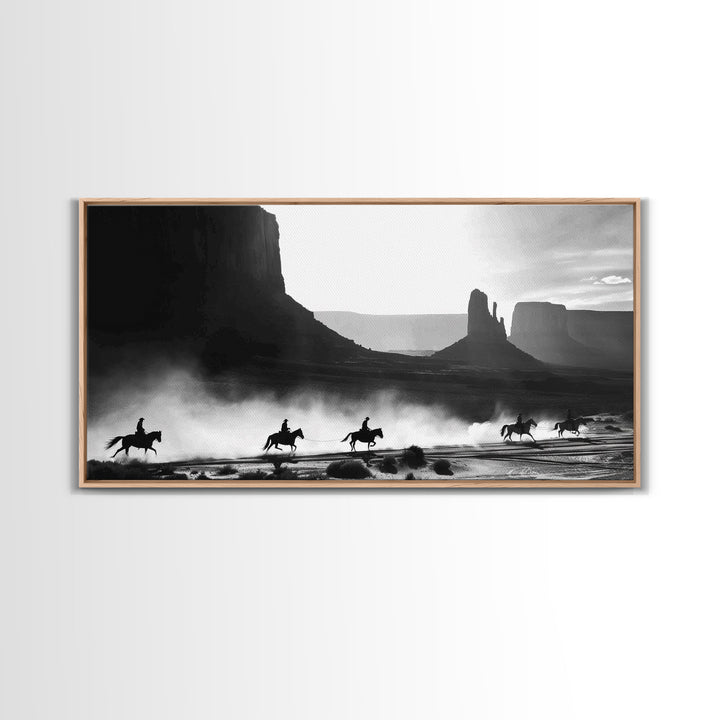 Western Riders Traversing Desert Valley, Captivating Framed Canvas Print, Wall Art for Living Room or Bedroom, Unique Decor