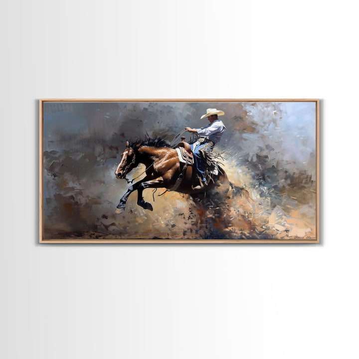 Intense Rodeo Bucking Horse and Cowboy, Vibrant Framed Canvas Print, Great for Western Living Room Art, Bedroom Decor, Rustic Home Wall Art