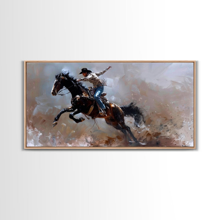 Action-Packed Rodeo Scene with Bucking Horse, Beautiful Framed Canvas Print, Western Living Room Art, Rustic Bedroom Decor, Wall Art