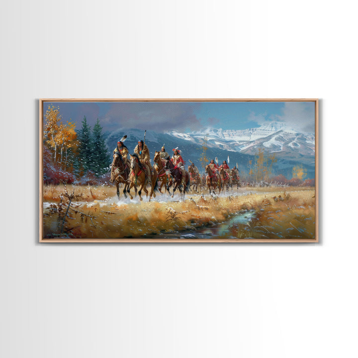 Tribal Warriors Journeying Through Snowy Landscape, Perfect Wall Art, Framed Canvas Print for Living Room or Bedroom Decor, Historical Art