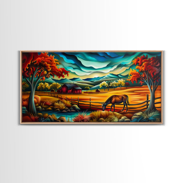 Abstract Colorful Farm Scene with Grazing Horse, Ideal Wall Art, Framed Canvas Print for Living Room or Bedroom Decor, Vibrant Nature Art