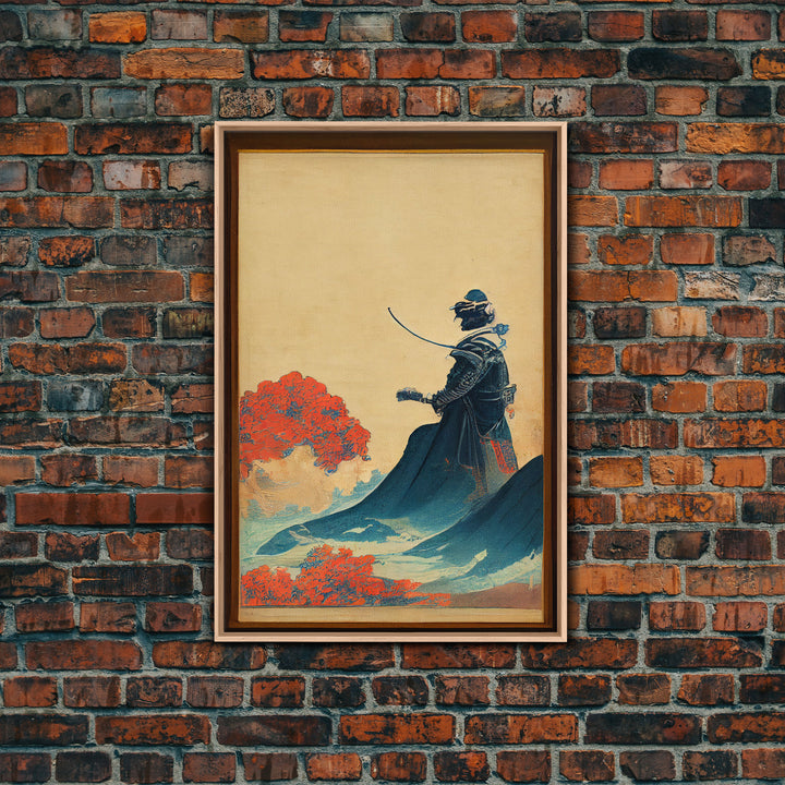 Samurai and Japanese Maple Tree Portrait, Framed Canvas Print, Ready To Hang Framed Wall Art